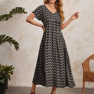 Black with White Pattern V-Neck Maxi Dress